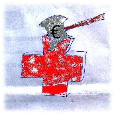 Das Gesundheitswesen wird zerstrt: Symbolbild Axt in Rotem Kreuz.