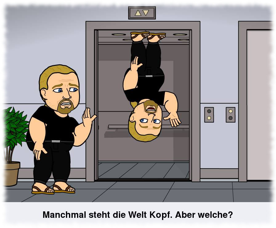 Cartoon: Ein Ulf entgeistert vorm Aufzug, ein Ulf winkt begeistert und steht kopfunter an der Decke der Kabine.