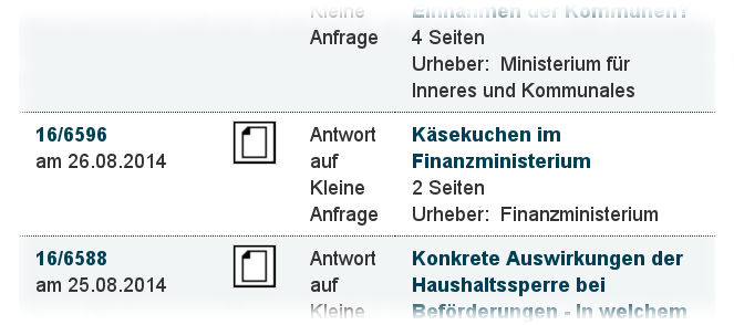 Screenshot von der in der Landtagsdatenbank aufgeführten Käsekuchen-Anfrage.