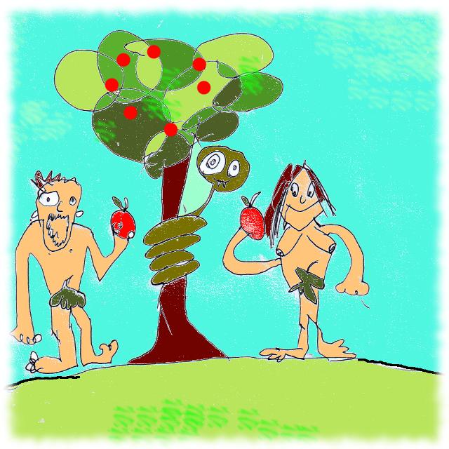 Adam und Eva, Äpfel essend.