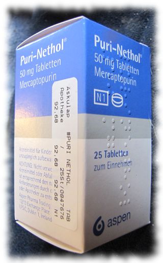 Packung mit Mercaptopurin gegen Leukämie.