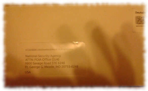 Photo vom Brief an die National Security Agency der USA.