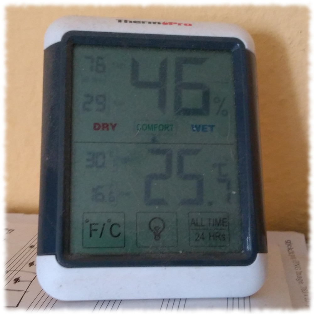 Temperatur- und Luftfeuchtigkeitsanzeiger (46% relative Feuchte, 25,5 Grad Celsius) im Wohnzimmer.